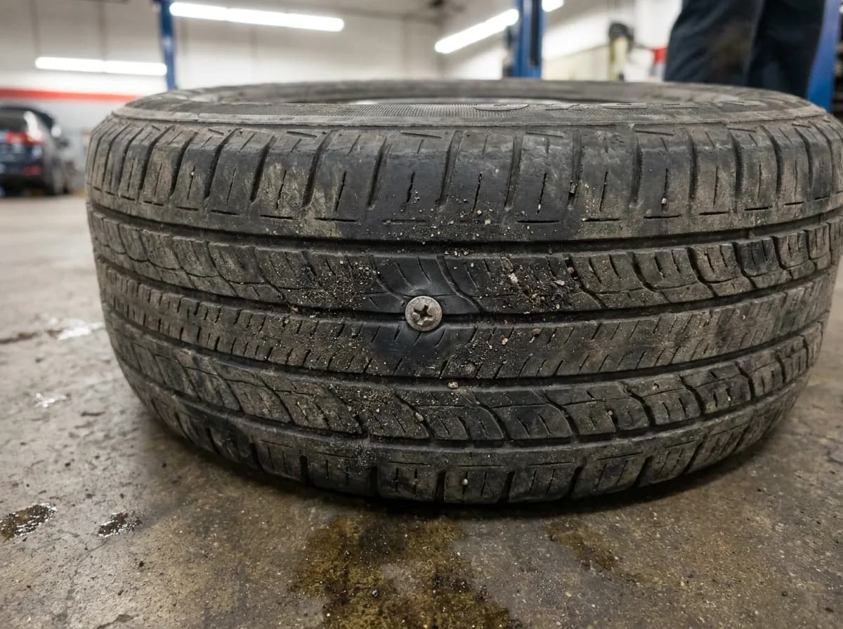 A screw in the middle of the tread, the spot where a repair is allowed