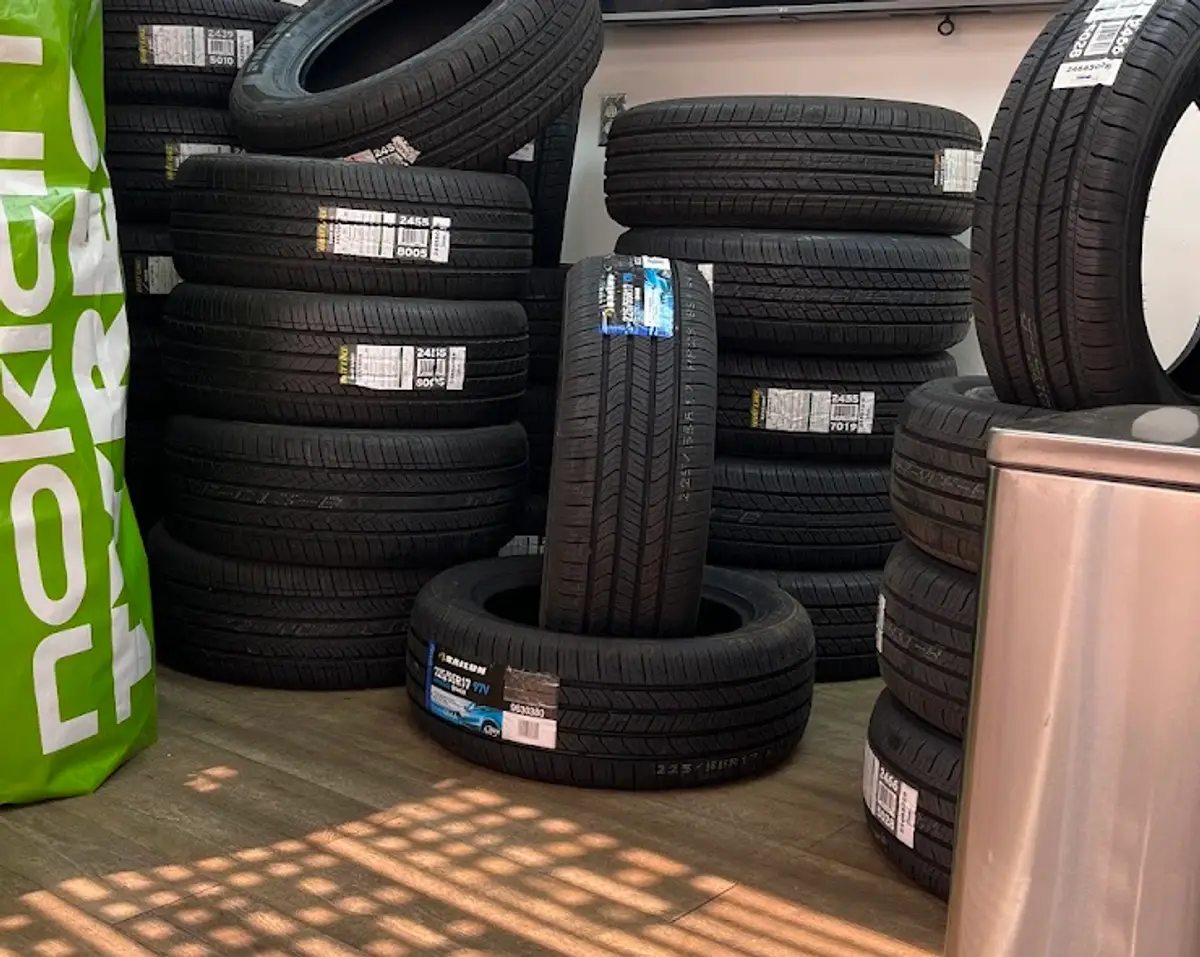 Stacks of new tires in the shop