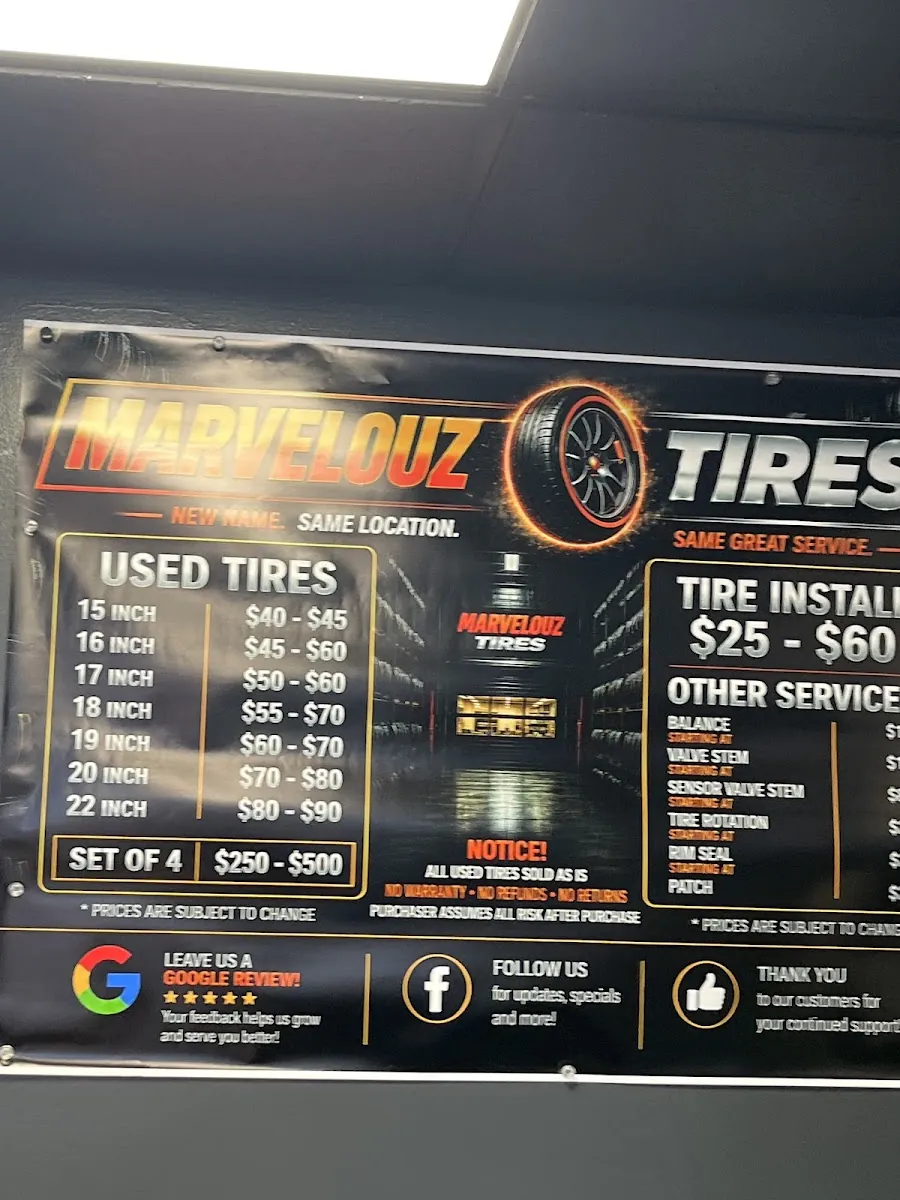 The used tire price board in our shop