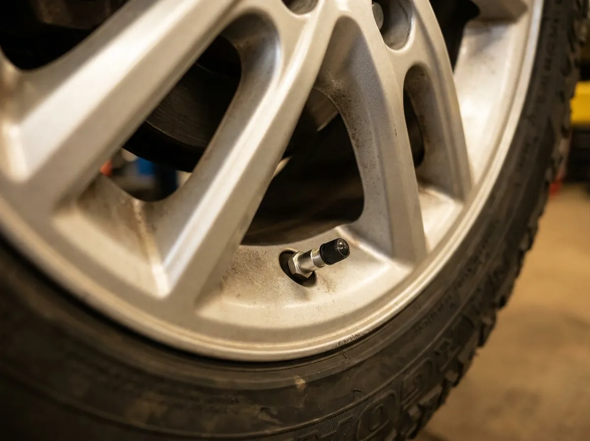 A tire pressure sensor valve on an alloy wheel
